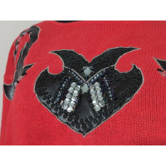 VTG Work In Progress Hong Kong Red Sweater Beaded Leather Heart 80s M - Picture 3 of 13